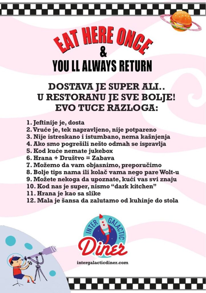 Flajer Intergalactic Dinera sa tuce razloga zašto je u restoranu bolje nego dostava